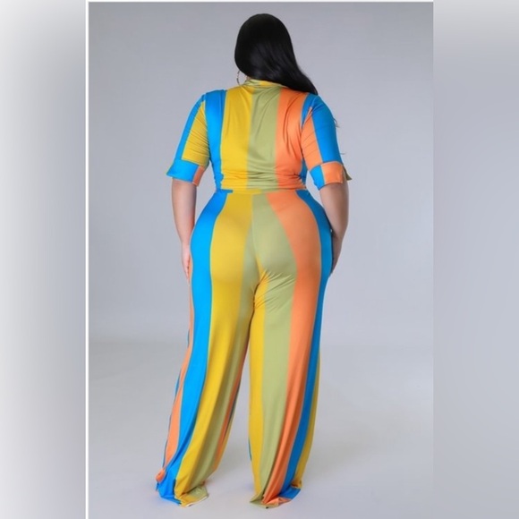 Women’s Plus Size Multi Color Two Piece Collar Self Tie Crop Top Wide Pants Set - Picture 6 of 14